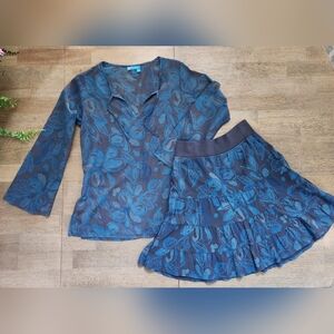Fresh Produce Tropical Blue Cotton Top Tiered Skirt Set USA Size Medium NWOT